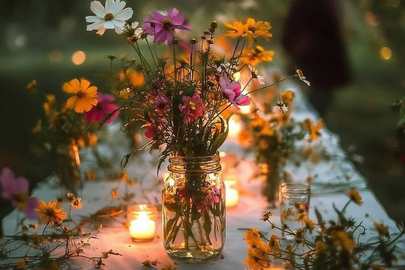 Sunlit wildflower wedding setup featuring rustic decor and vibrant blooms.