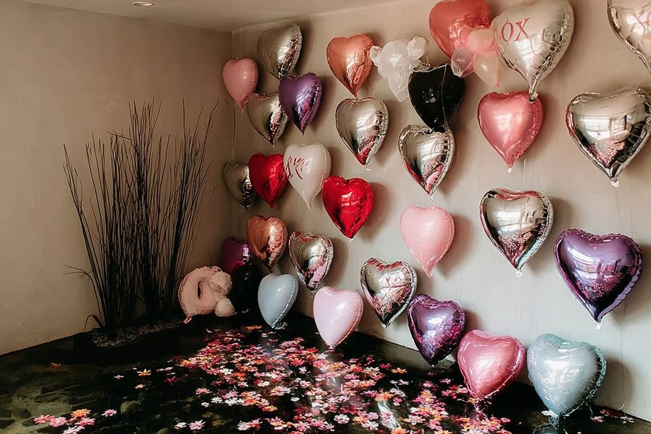 Valentine's Day balloon backdrop with heart balloons for festive decor