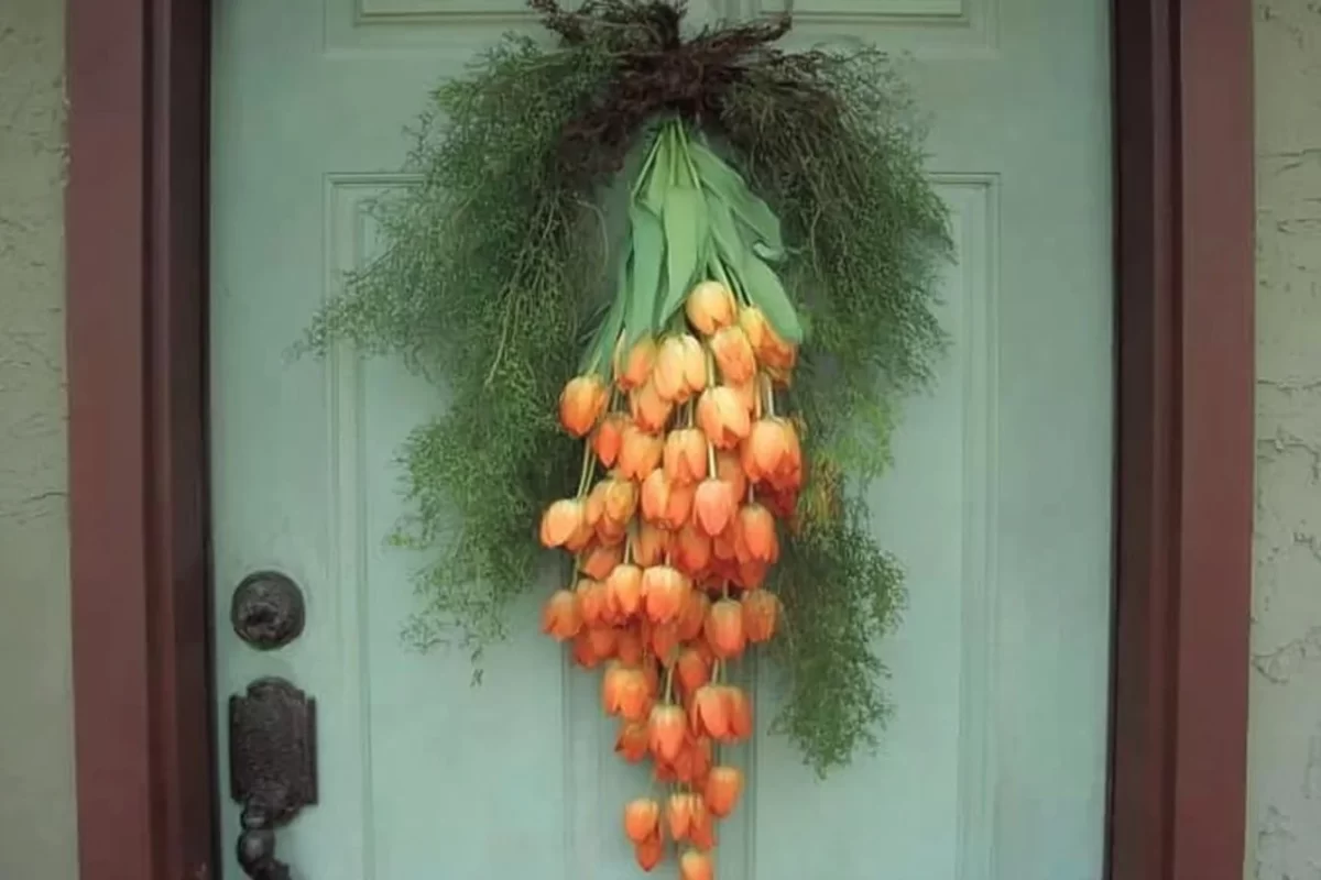 Decorated front porch for Easter with colorful flowers and seasonal decor.