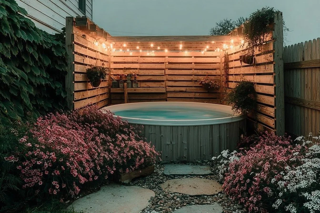 Backyard hot tub makeover designed for cozy family nights and relaxation.