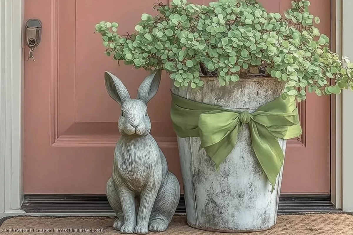 Spring-themed Easter porch decor with colorful flowers and festive bunnies.