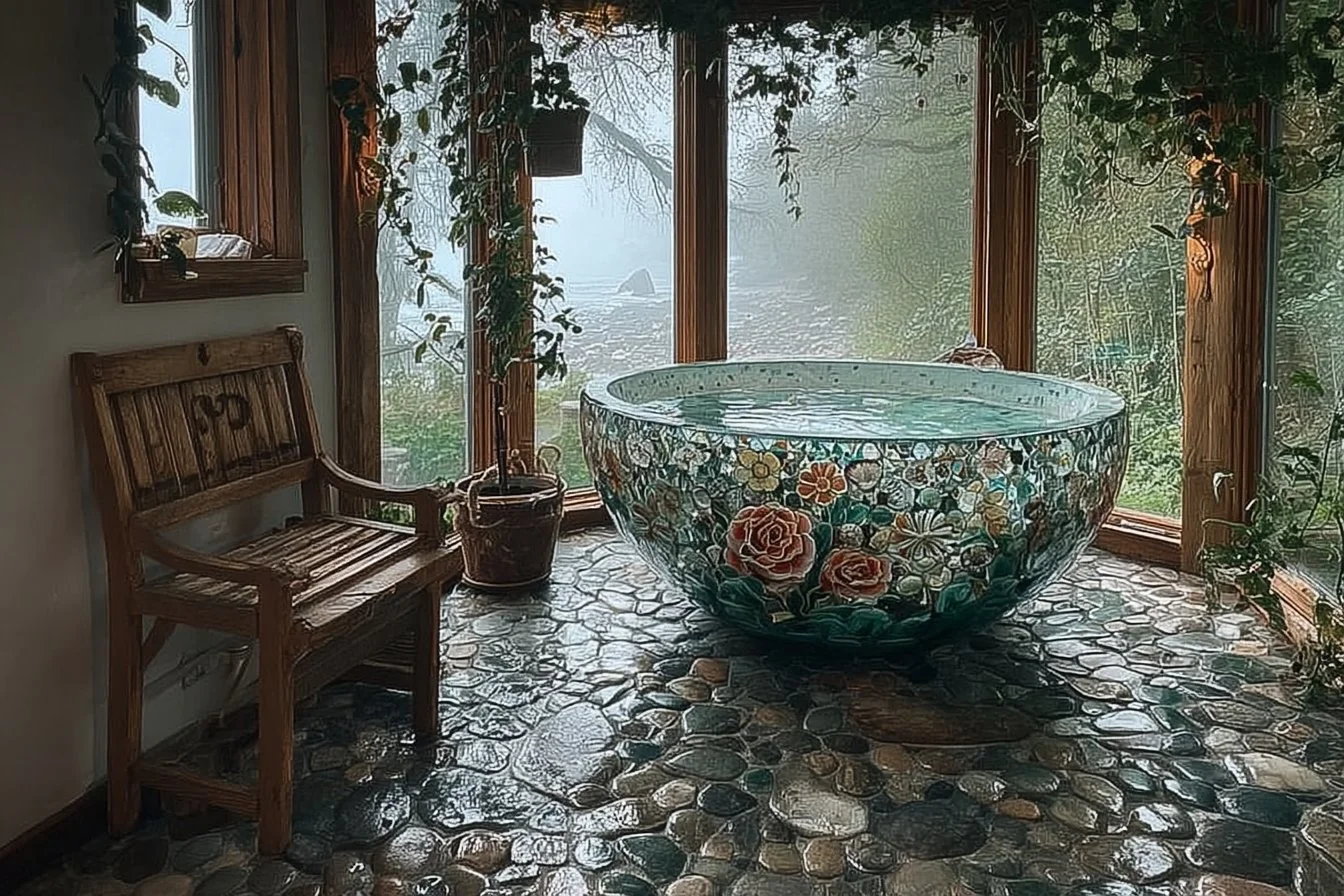 Unique Earthship bathroom design featuring sustainable materials and creative layouts.
