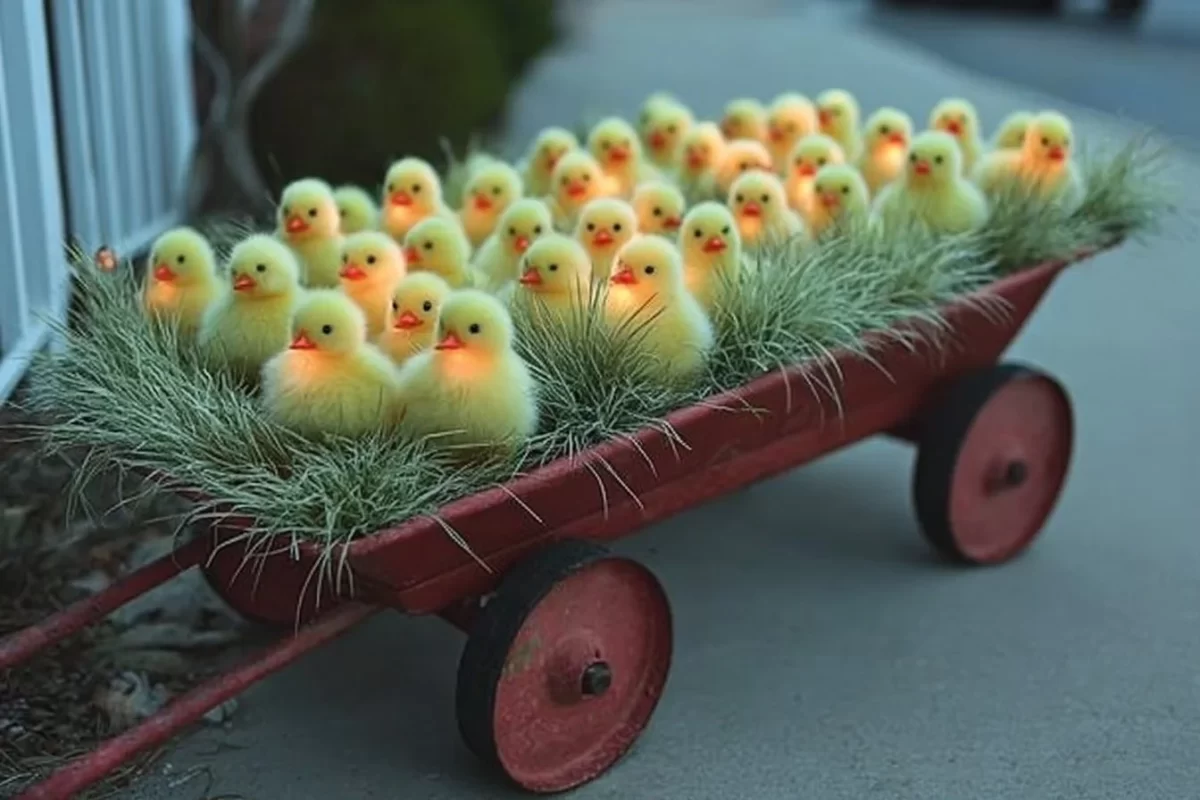 Charming spring decor with bunnies and blooming flowers on a porch